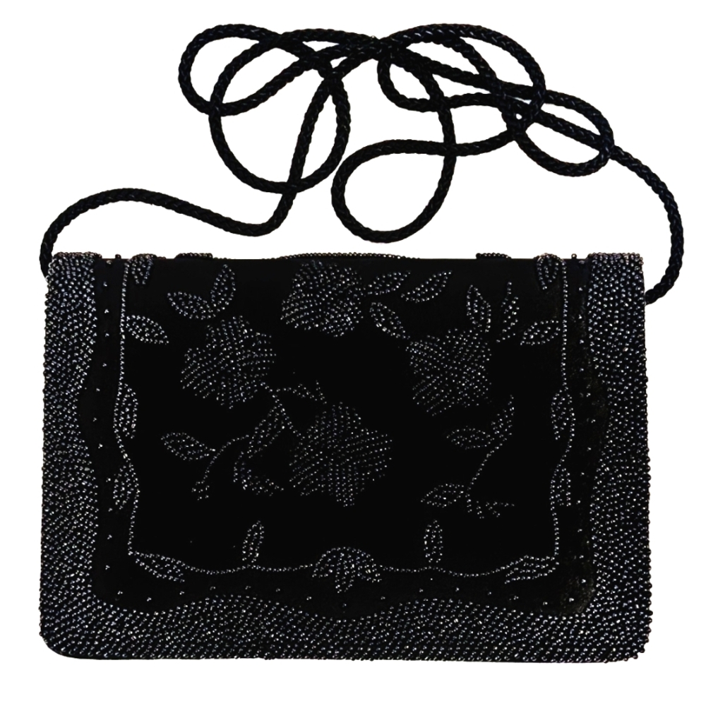 Valerie Stevens Black Beaded Floral Evening Clutch – Vintage Satin Purse – One S